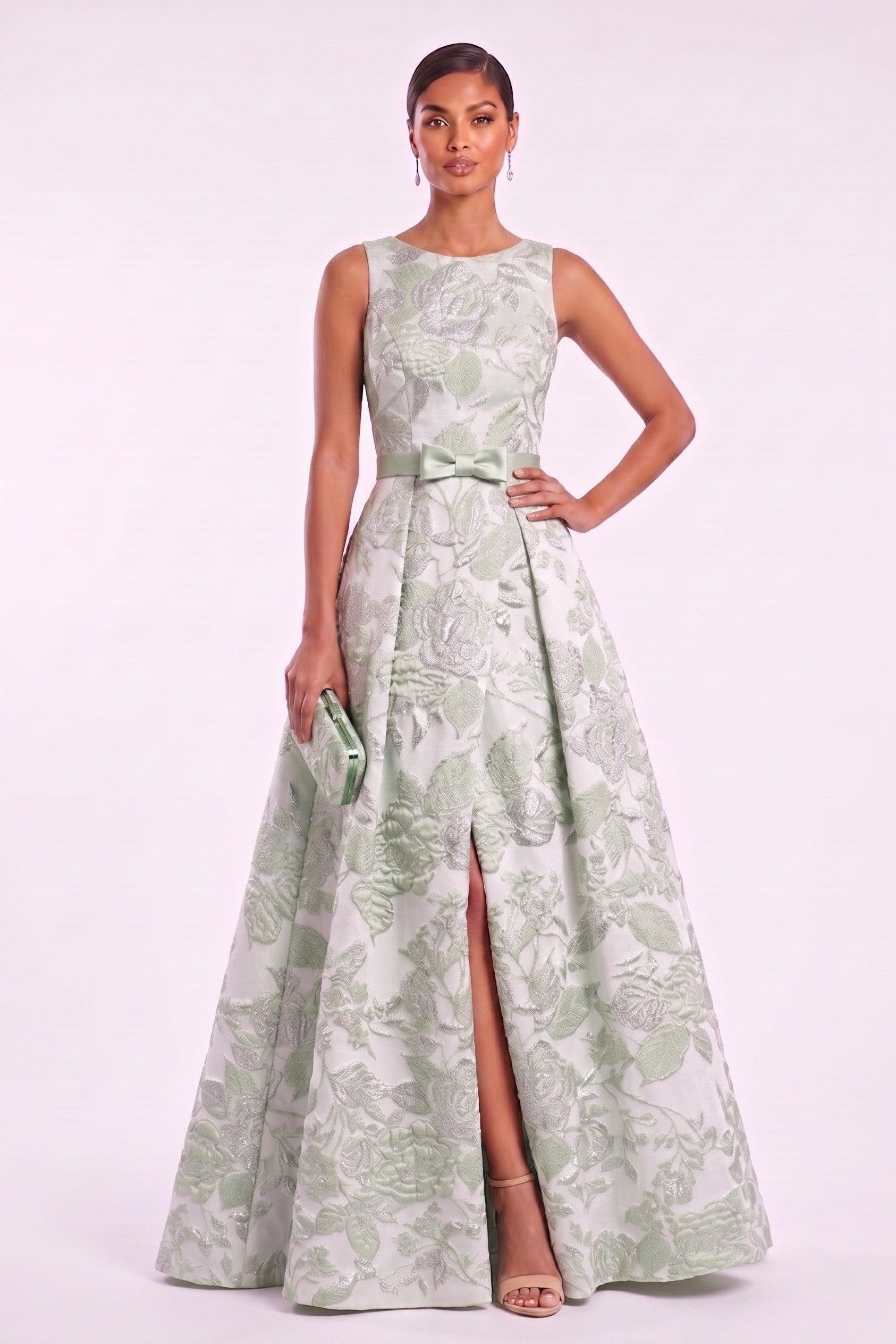 A-Line Floor Length Jacquard Mother of the Bride Dress CM0479 - Green Floral - COCOMELODY